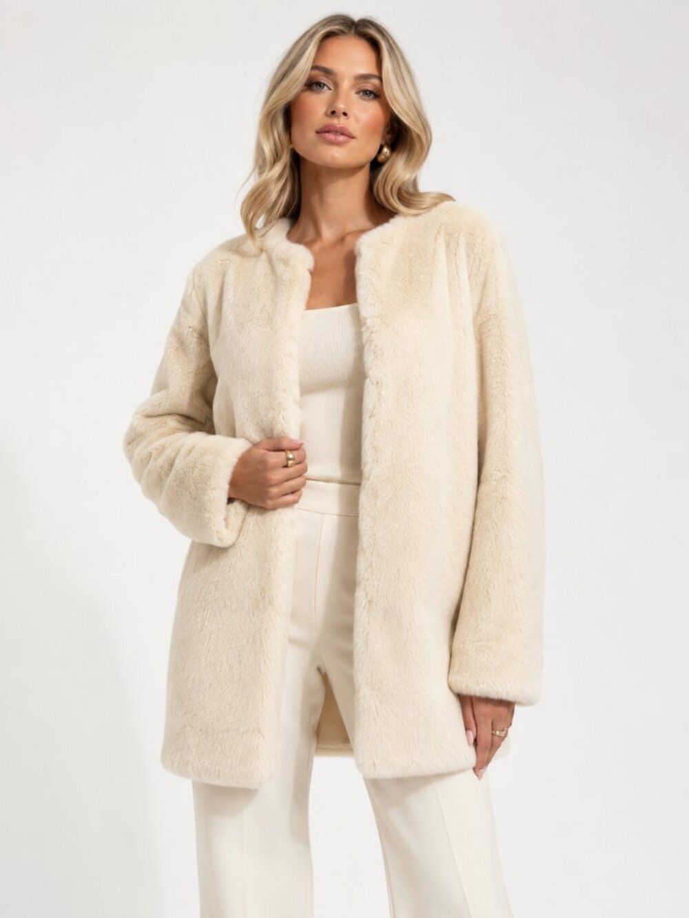 POPSUGAR Plush Faux Fur Oversized Ivory Cream Coat XS